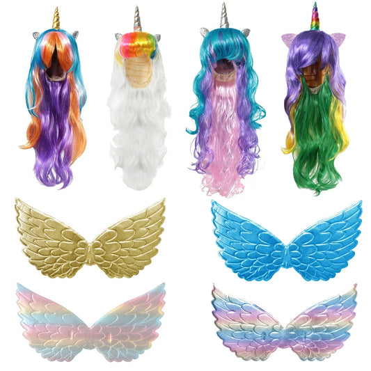 Cute Unicorn Wigs Long Wavy Unicorn Wigs Fake Hair Cosplay With Horn Synthetic Wigs Decor Unicorn Party Birthday Decoration