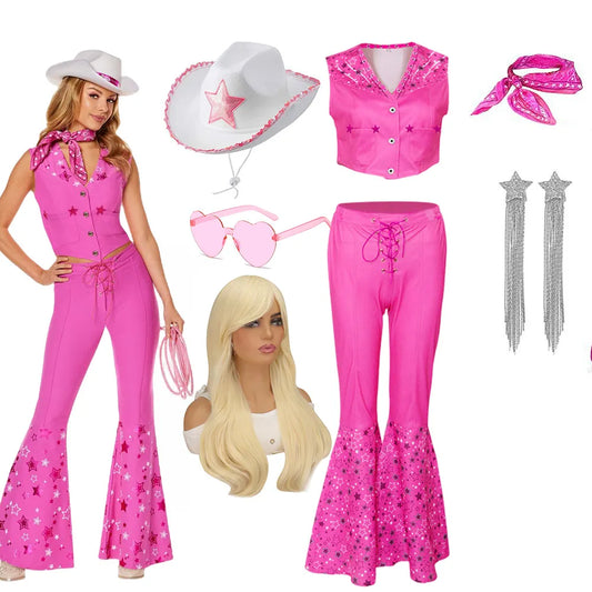 Lovely Cowgirl Suit Pink Vest Top and Flared Pants Adult and Kids Margot Robbie Cowboy's Look Girls Clothing Set Barbei Uniform