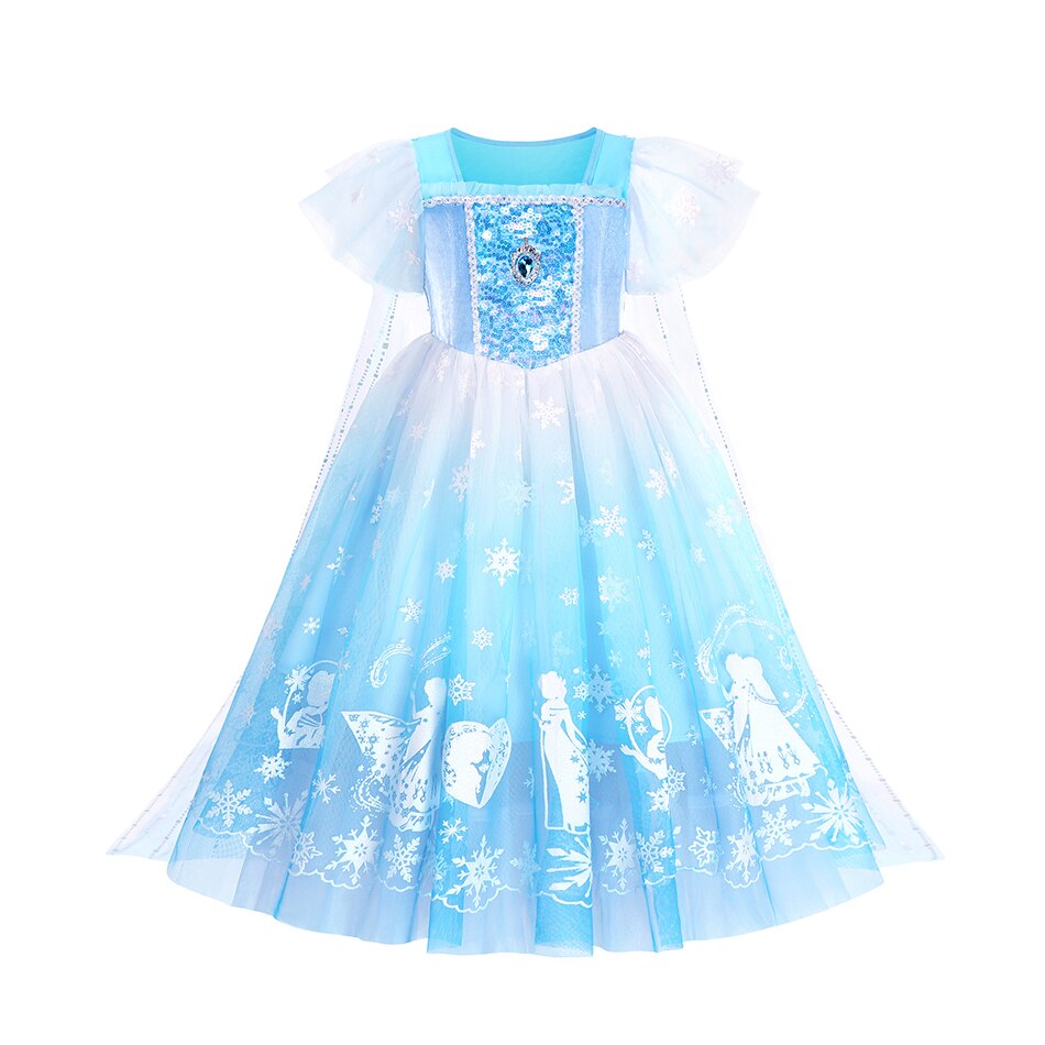 Disney Girls Sequins Mesh Fancy Clothing Frozen Princess Elsa Dress with Cloak Kids Party Snow Queen Cosplay Costume for 2-10Y