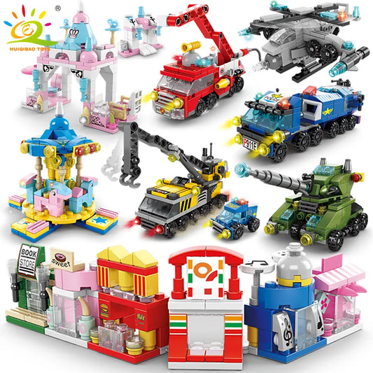 HUIQIBAO 6IN1 City Fire Car Police Truck Engineering Crane Building Blocks Tank Helicopter Bricks Set Toys for Children Kids
