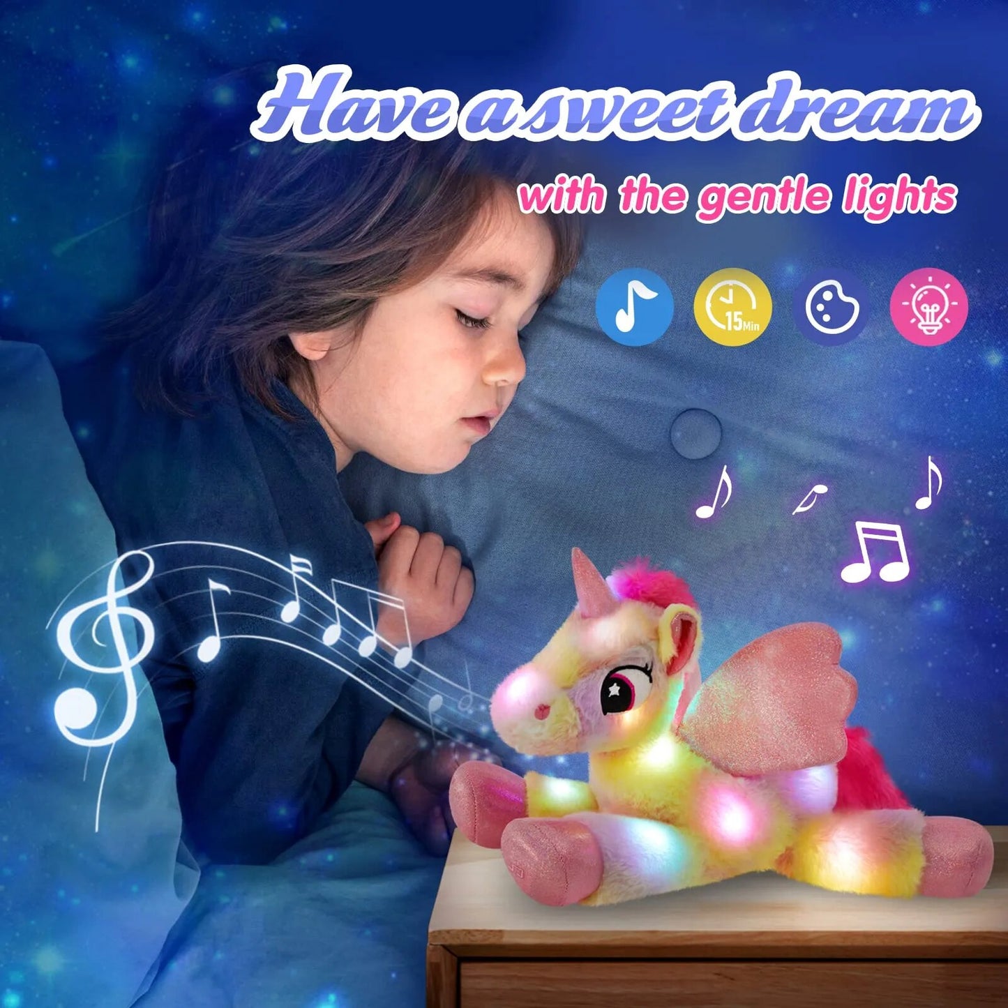 Rainbow LED Plush Toys Musical Throw Pillows Unicorn Lullaby Soft Stuffed Animals Birthday Gift for Kids Girls Luminous Toy