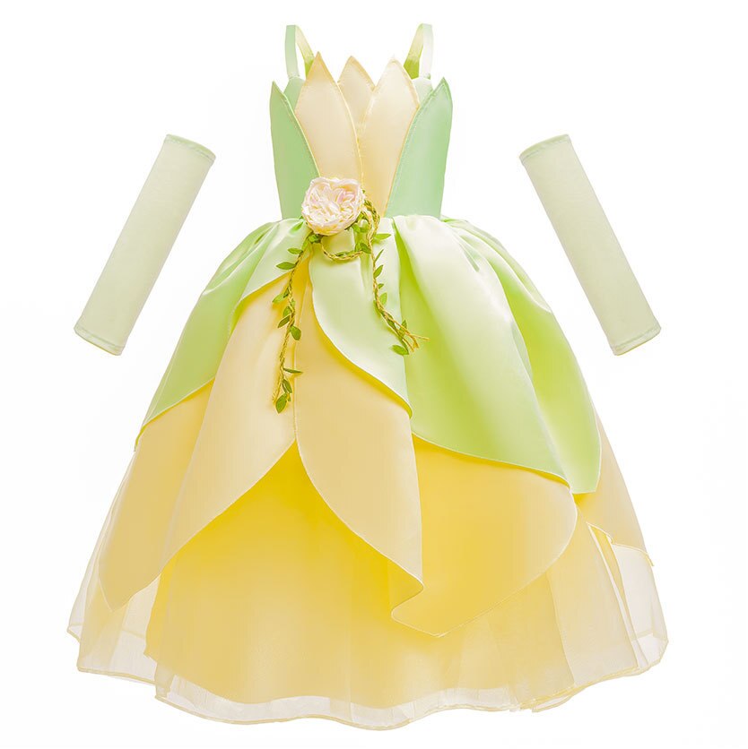 Disney Tiana Princess Dresses Girl Cosplay, The Princess And The Frog Flower Off Shoulder Clothes for Kids Birthday Party Costume