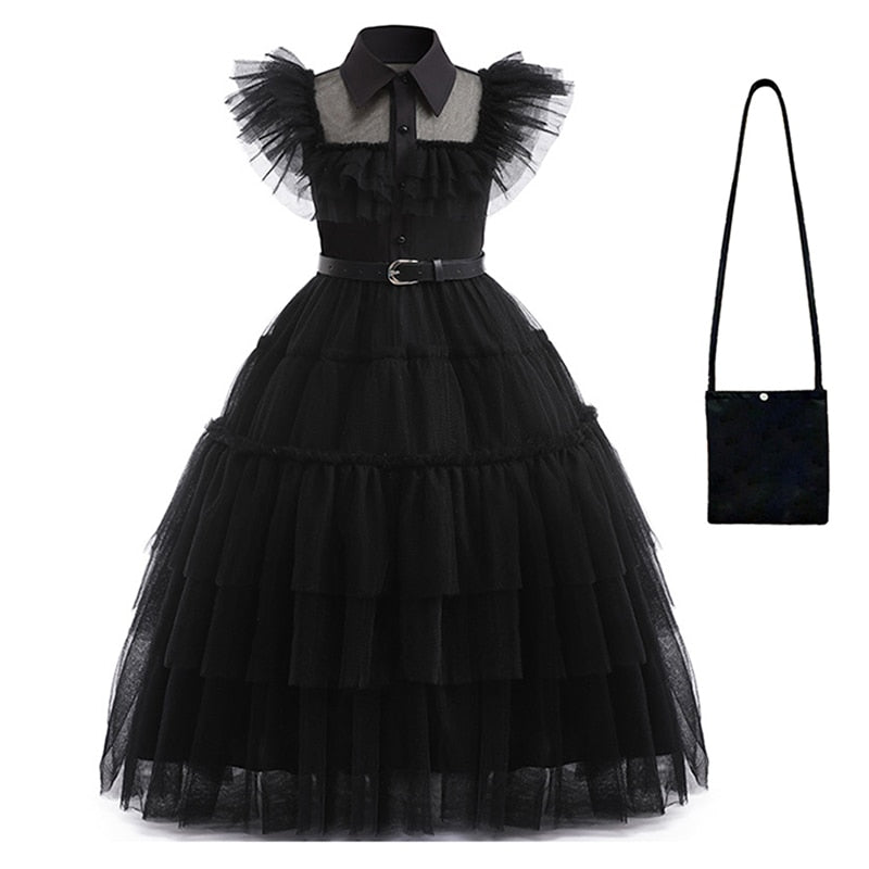 Wednesday Cosplay Princess Dress For Girls Costume 2023 Halloween Tie Tulle TuTu Dresses Black Gothic Kids Evening Party Clothes