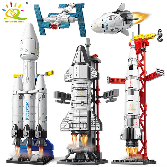 HUIQIBAO Mini Aviation Manned Rocket Model Building Blocks Space Aerospace Station Bricks City Construction Toys for Children