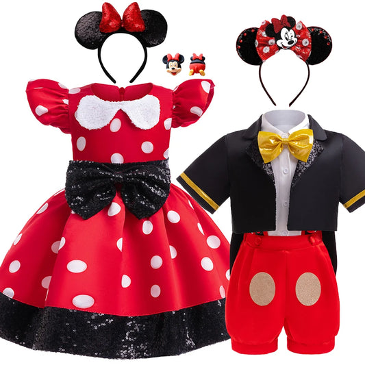 Mickey Mouse Girl Minnie Dress Cartoon Clothes Baby Summer Costume Child Cosplay Princess Fancy Bow Tie Boy Clothing Set Outfit