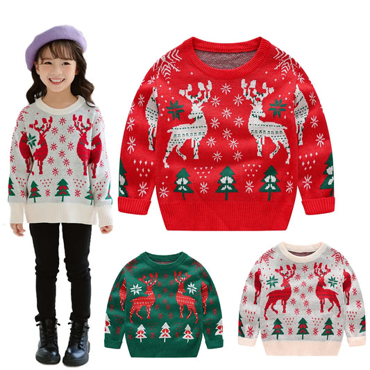2022 Autumn Winter Christmas New Year Kids Elk Knitted Sweatshirt Korean Knitwear for girls Toddler Cute Xmas Tree Pullovers
