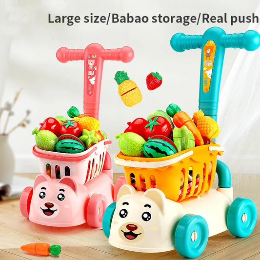 Children's supermarket shopping cart baby trolley toy fruit cut happy home simulation kitchen boy girl birthday gift