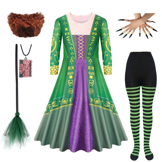 Hocus Pocus Halloween Witch Dress Up Kids Winifred Sanderson Cosplay Costume Fancy Girls Long Sleeve Printed Milk Silk Clothing