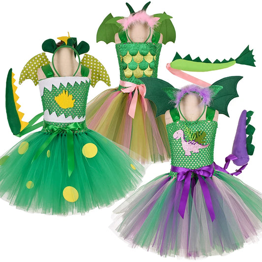 Halloween Cosplay Dinosaur Costume for Children Princess Dress Theme Wing Tail headband Tutu Dresses Performance Dance Sets