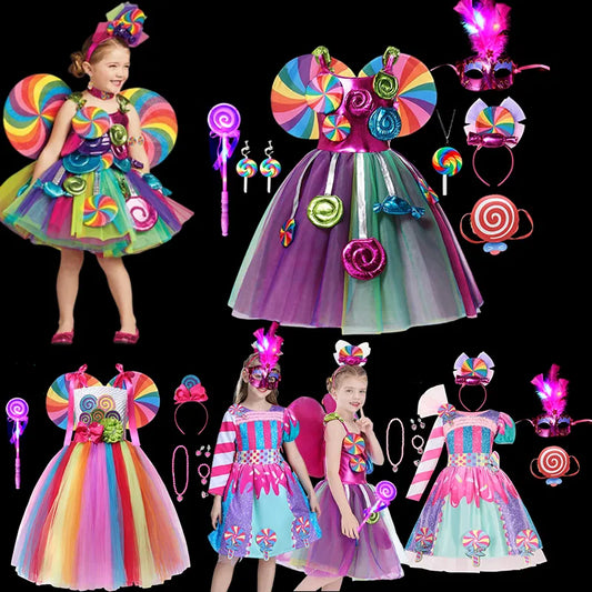 Purim 2024 Kid Disguise LED Candy Dress Lollipop for Girls Cosplay Costume Fancy Children Mesh Pink Dresses Birthday Party Gift