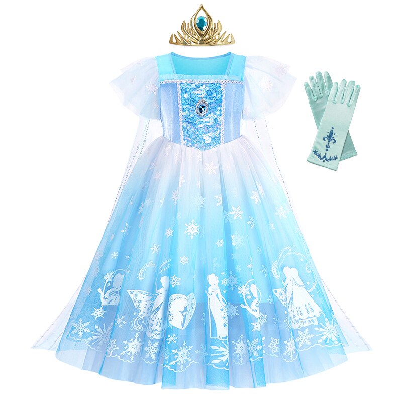 Disney Girls Sequins Mesh Fancy Clothing Frozen Princess Elsa Dress with Cloak Kids Party Snow Queen Cosplay Costume for 2-10Y