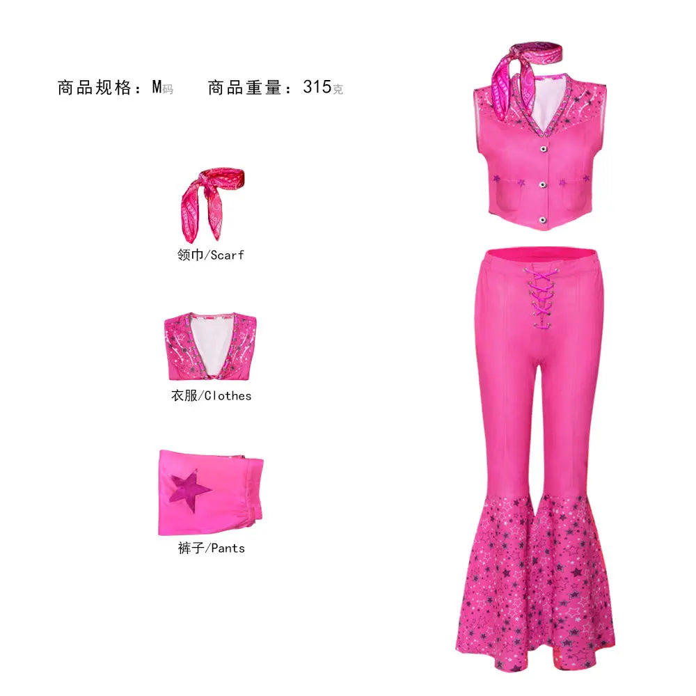 Lovely Cowgirl Suit Pink Vest Top and Flared Pants Adult and Kids Margot Robbie Cowboy's Look Girls Clothing Set Barbei Uniform