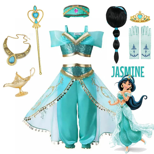 2024 Jasmine Princess Dress for Girls Cosplay Aladdin Magic Lamp Dress Up Costume Girls Birthday Party Halloween Clothing Set