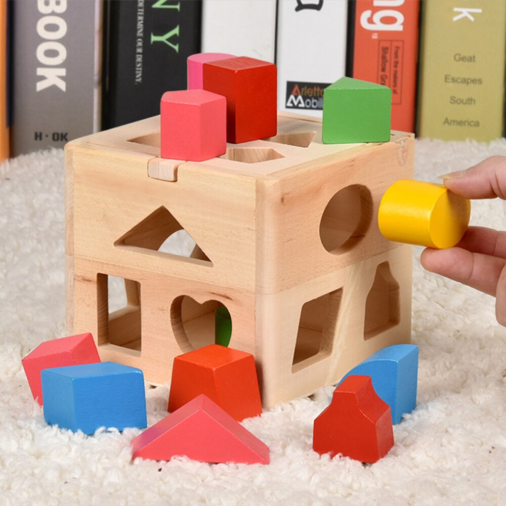 Wooden Shape Sorter- Classic Toddler Cube Puzzle Toy With Shape Cutouts -  Learning Activity By Hey! Play! 