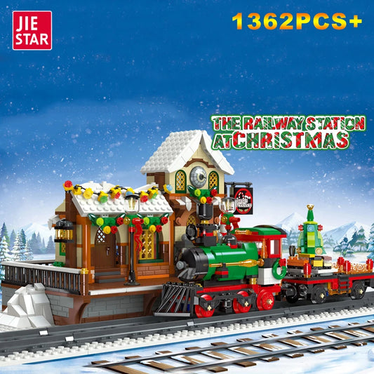 2023 Creative Christmas Train Station Architectural Scenery Building Blocks Bricks Model Assembly DIY Toys for Kids Holiday Gift