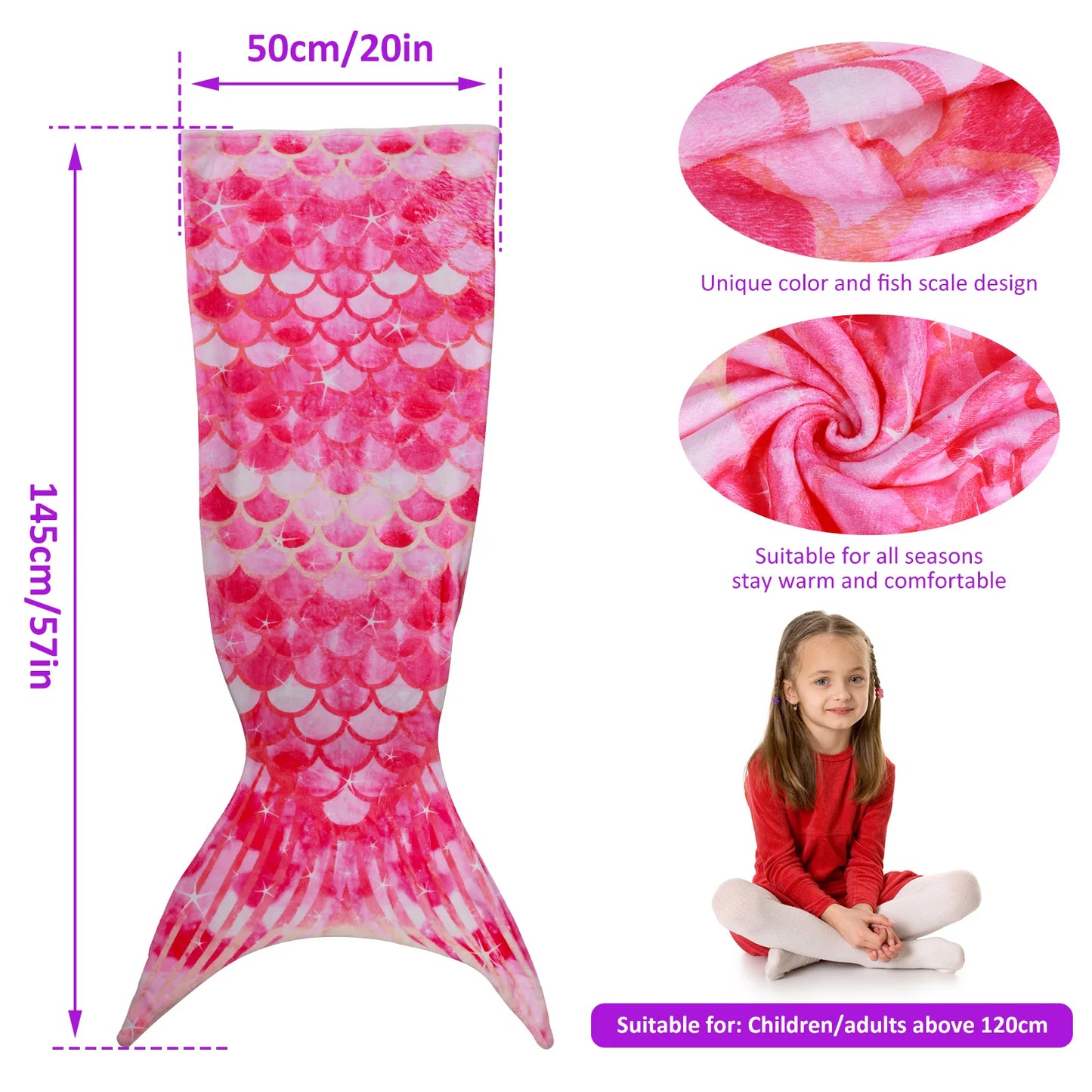 Mermaid Tail Blanket Ultra-Soft Flannel Sleeping Blanket Fish Scale Pattern Bag Comfortable Tail Snuggle Cute Child