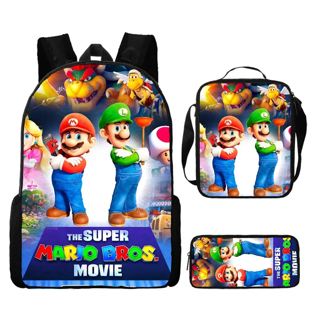 3PC-Set 3D New Movie Super Mario Brothers Mario Primary and Middle School Students Schoolbag Boys Girls Anime Cartoon Mochila