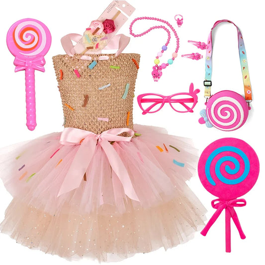 Purim New Sweet Lollipop Candy Kids Mesh Tutu Dress Baby Girl Costume Fancy Rainbow Clothes Children Party Birthday outfit 2-12T