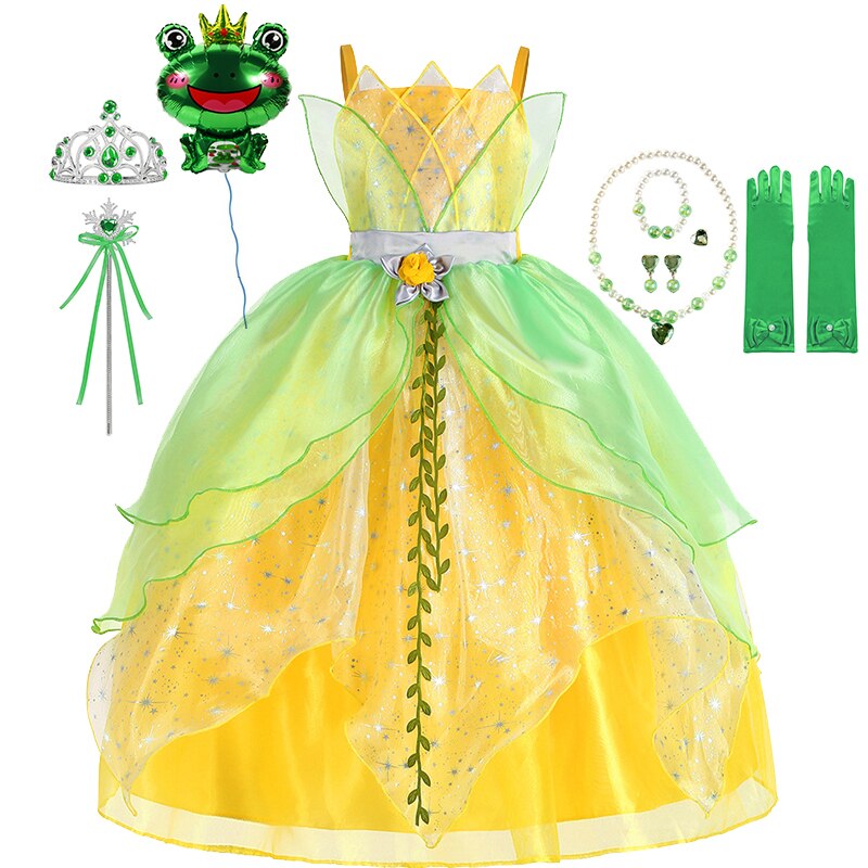 Disney Tiana Princess Dresses Girl Cosplay, The Princess And The Frog Flower Off Shoulder Clothes for Kids Birthday Party Costume