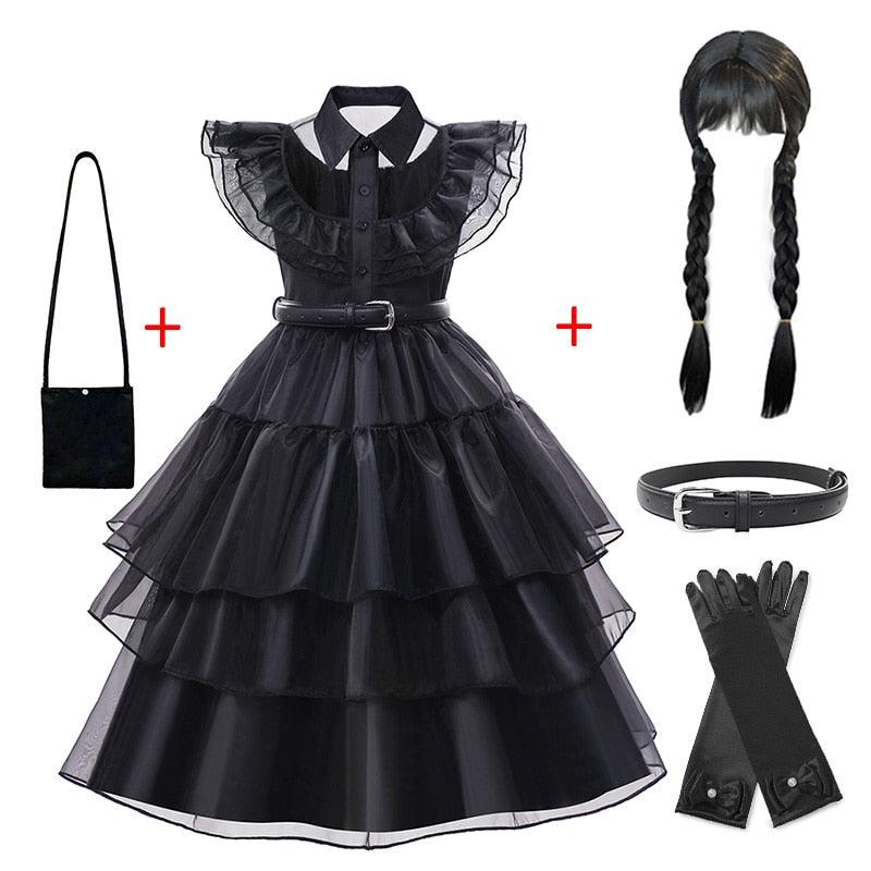 Character Wednesday Addams Girls Dresses Kids Cosplay Black Mesh Gothic Costumes Children Halloween Carnival Party Clothes 3-14T