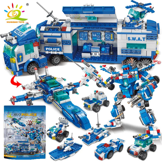 HUIQIBAO 700PCS 8in1 City Police Command Trucks Building Blocks Policeman Robot Car Helicopter Model Bricks Toys for Children
