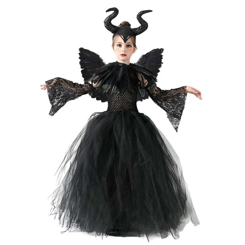 Disney Halloween Costume for Kids LED Light up Maleficent Tutu Dress For Girls Cosplay Evil Queen Black Mesh Princess Dress