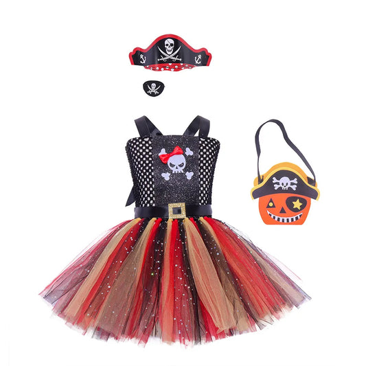 Halloween Carnival Party Costume Girls Tutu Dress with Accessory Children Dress Up Pirate Costumes Kids Clothing for Cosplay