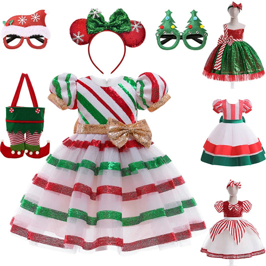 2023 Christmas Dress for Girls Rainbow Striped Sequin Children Gala Clothes Cheap Kids Xmas Baby Princess Party Girl Dresses