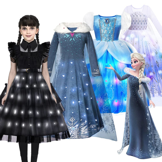 Dinsey Frozen 2 Elsa Girl Costume LED Light Up Fancy Carnival Party Princess Dress Cinderella Addams Wednesday Birthday Dress