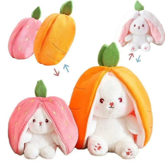 30cm Creative Funny Doll Carrot Rabbit Plush Toy Stuffed Soft Bunny Hiding in Strawberry Bag Toys for Kids Girls Birthday Gift