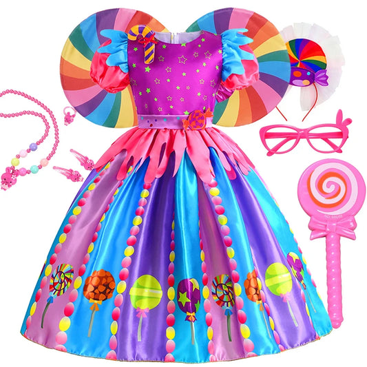 2024 Purim Girls Puff Sleeve Candy Costume Kids Sweet Lollipop Print Princess Dresses Lollipop Wand Birthday Fancy Party Clothes