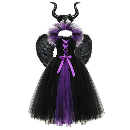 Witch Dress with Horns Halloween Evil Queen Fairy Costume for Girls