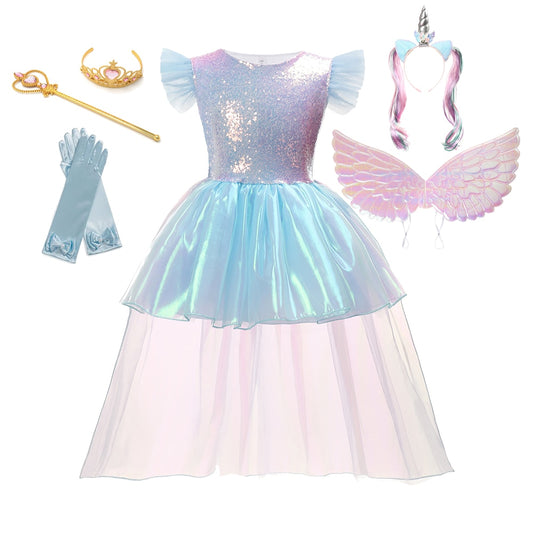 Unicorn Party Lace Tutu Princess Dress with Wings Hairband