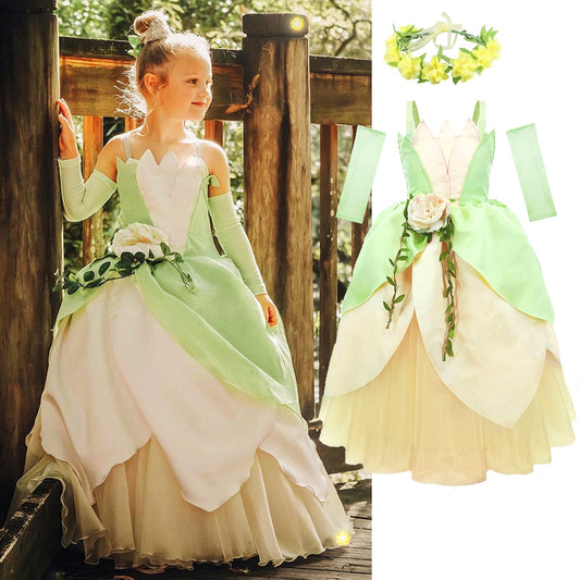 Tiana Princess Dress The Princess and the Frog Cosplay Flower Off Shoulder Clothing for Halloween Girl Kids Christmas Party