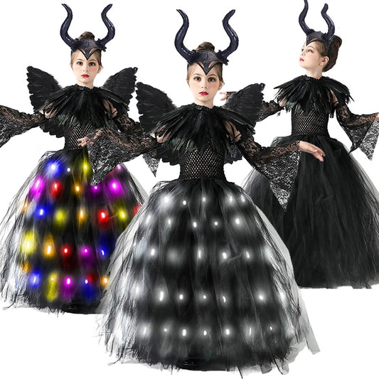 Disney Halloween Costume for Kids LED Light up Maleficent Tutu Dress For Girls Cosplay Evil Queen Black Mesh Princess Dress
