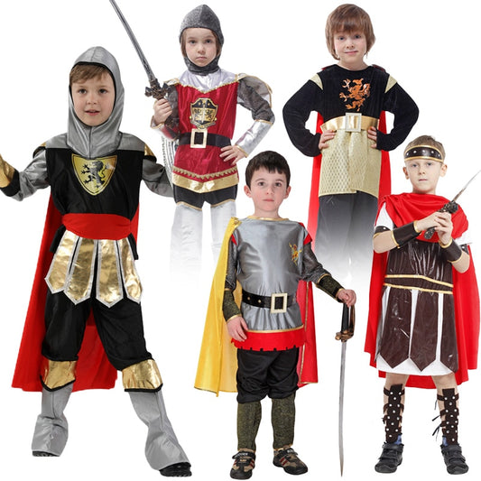 Halloween Kids Boys Royal Warrior Knight Costumes, Children Medieval Roman attached Cape Carnival Party No Weapon