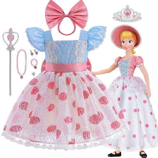 New Toy Story 4 For Girls Costume Kids Cosplay Bo Peep Pink Clothes Summer Fly Sleeve Sequins Dresses Fancy Princess Dress 1-7T