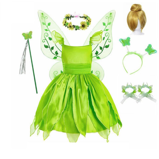Girls Flower Fairy Dress Up Kids Princess, Tinker Bell Dress With Wings Halloween Princess Costume Party Dress