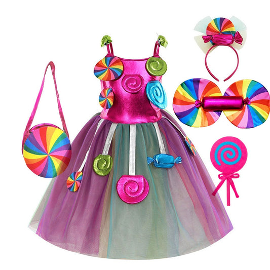 Rainbow Candy Princess Dress Girls Ball Lollipop Purim Costume for Kids with Headband Holiday Birthday Party Clothes Outfits