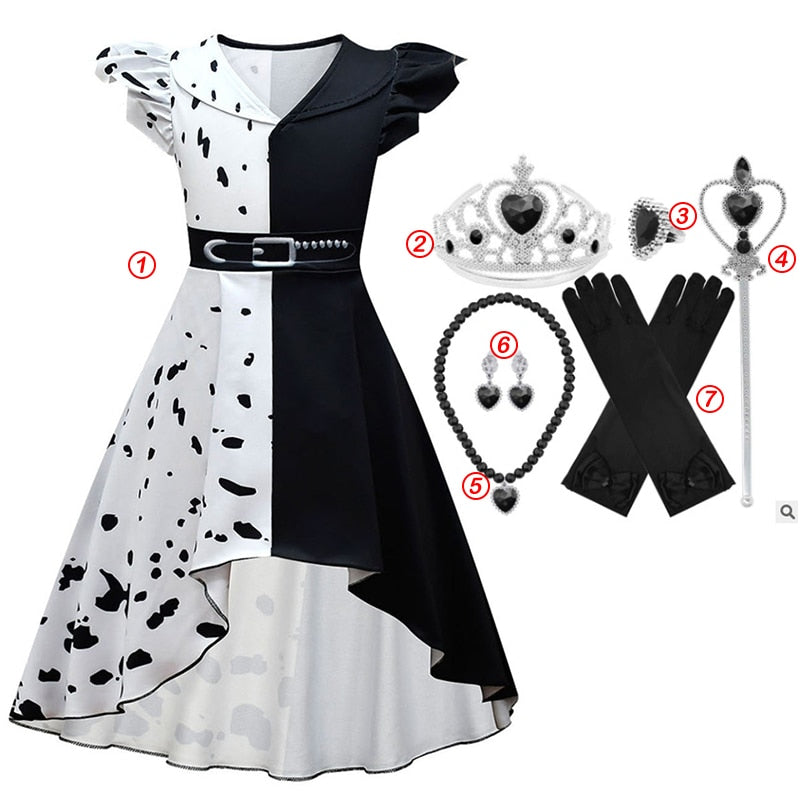 Halloween Cruella Dresses Girls Cosplay Costume Black & White Long Dress with Cape