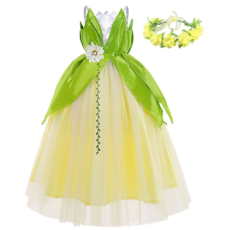 Disney The Princess and the Frog Cosplay Costume for Girls, Fancy Tiana Princess Dress Carnival Purim Party Kids Frock Clothing