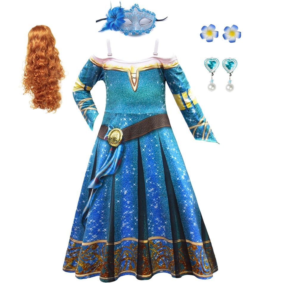 Disney Princess Merida Cosplay Long Dress With Wig and  Accessories