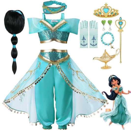 Jasmine Dress Aladdin Princess with accessories including Magic Lamp, Carnival Clothing, Halloween Party Cosplay Costume
