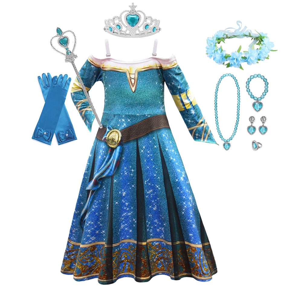Disney Princess Merida Cosplay Long Dress With Wig and  Accessories