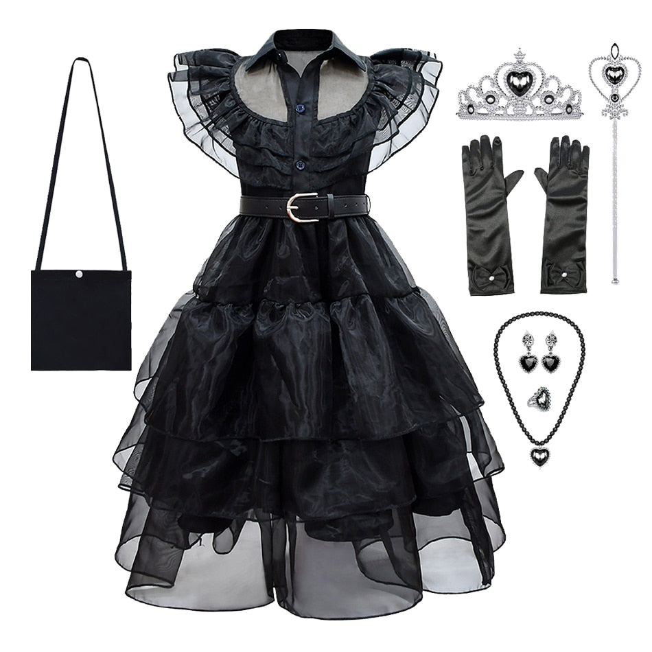 Wednesday Addams Cosplay Dress Kids Girls Costumes Black Gothic Dresses Children Halloween Party Clothes