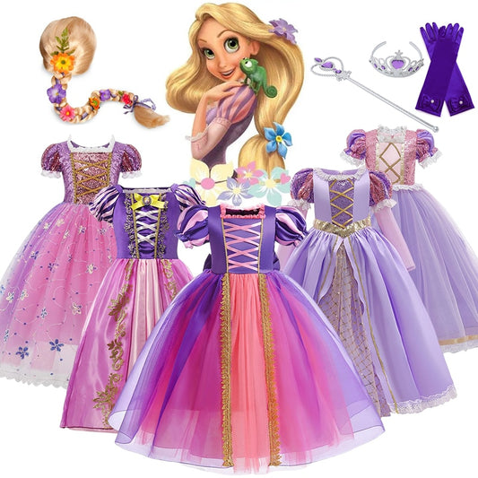 Disney Girls Cosplay Tangled Rapunzel Princess Dresses Kids Costume Fancy Purple Luxury Mesh Clothes Birthday Party Ball Gown