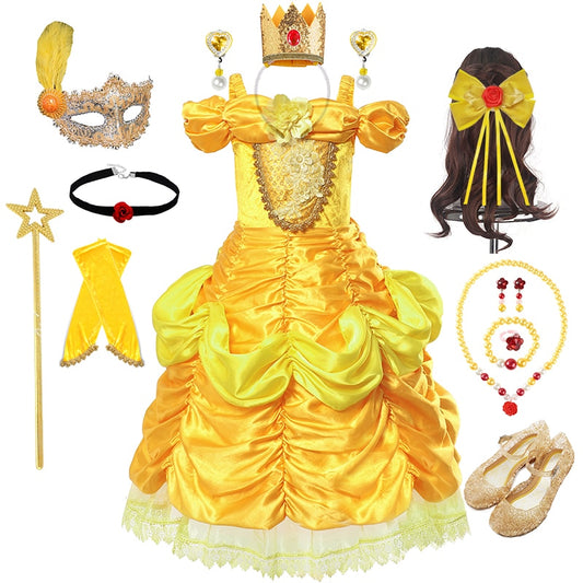Disney Belle Dress for Girl Princess Kids Embroidery Ball Gown Child Cosplay Beauty and beast Costume Fancy Party Clothing Girls