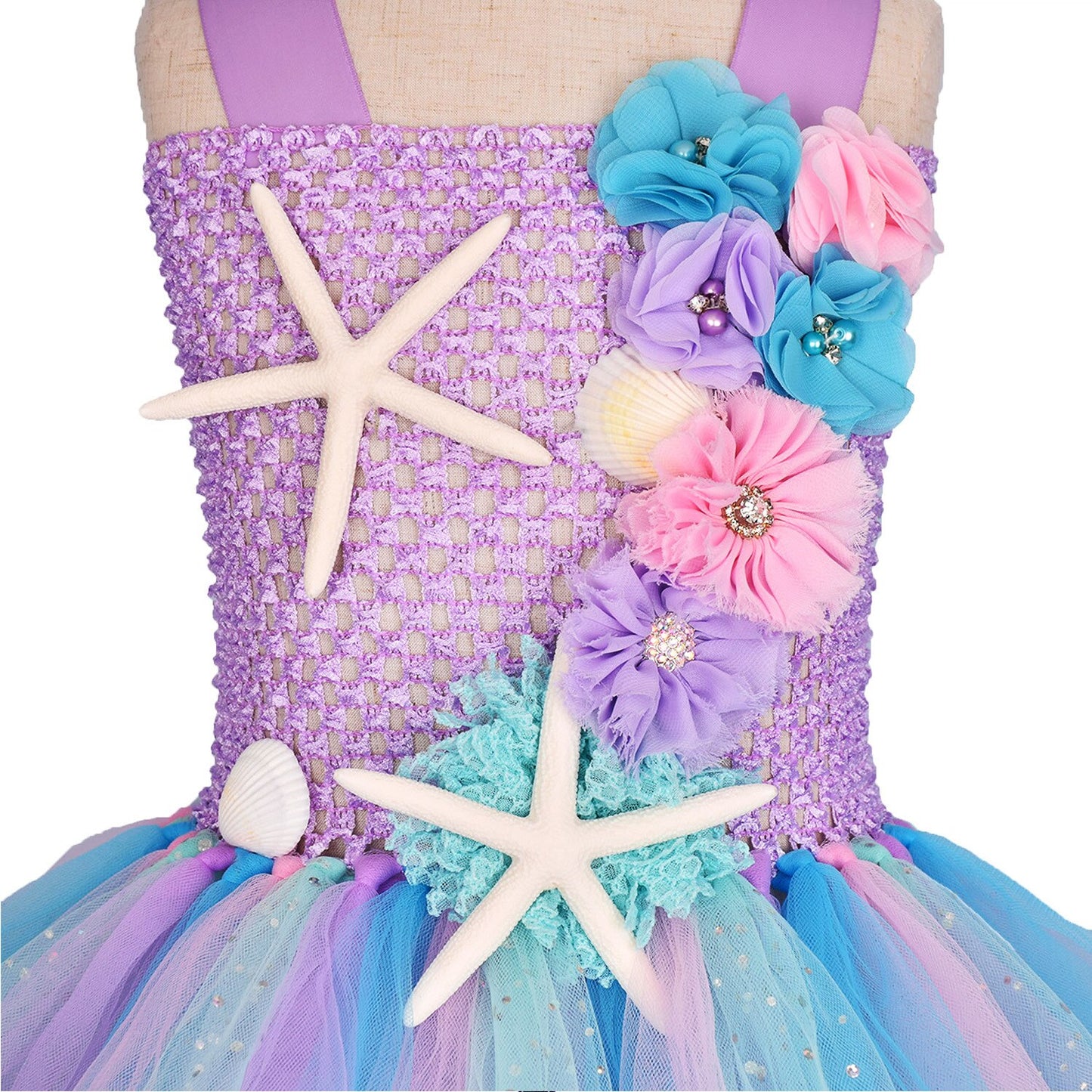 Disney Girls Pastel Ariel Mermaid Tutu Dress Under the Sea Theme Birthday Party Costume with Flower Headband Ocean Flower Dresses 1-12Y