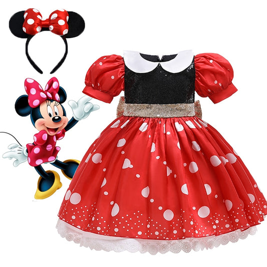 Mickey Minnie Dress Girls Cosplay Cartoon Costume Summer Short Sleeve Polka Dot Puff Sleeve Princess Dress