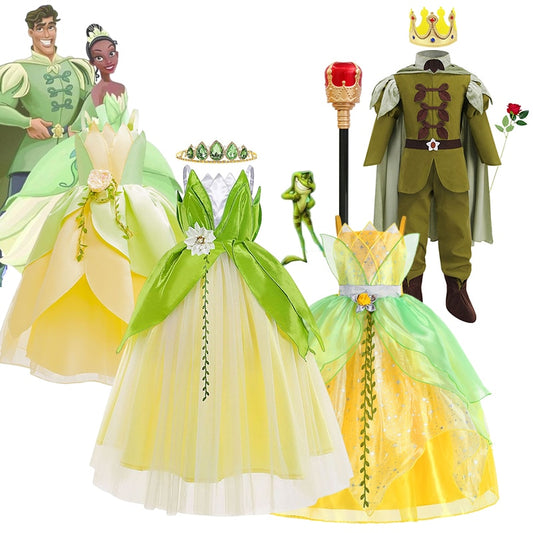 Disney Tiana Princess Dresses Girl Cosplay The Princess And The Frog Flower Off Shoulder Clothes for Kids Birthday Party Costume